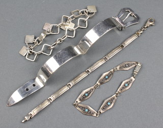 A silver fancy buckle bracelet, 3 other bracelets, 117 grams