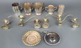 A silver plated presentation mug and minor plated items