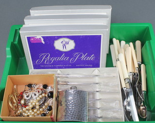 Minor boxed plated cutlery and a small collection of costume jewellery 