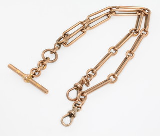 A 9ct yellow gold Albert with T bar and 2 clasps, 42 grams