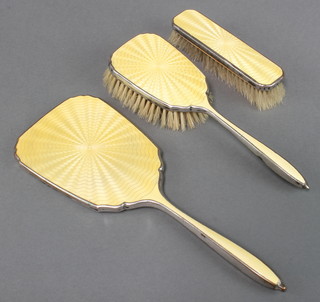 A silver plated enamelled 3 piece dressing table set 