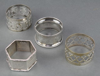 A hexagonal silver napkin ring Birmingham 1940, 1 other and 2 plated ditto, 42 grams