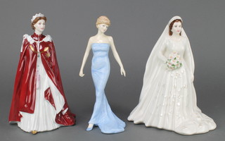 A Royal Worcester figure in celebration of the Queen's 80th Birthday 2006 9 1/2",  a Royal Worcester figure Her Majesty Queen Elizabeth II  in celebration of her Diamond Wedding anniversary 2007 9 1/2" and a Royal Doulton figure  Diana Princess of Wales 9"