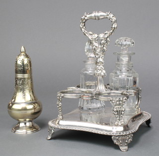A Victorian silver plated 4 bottle condiment stand with 2 bottles, together with a plated shaker