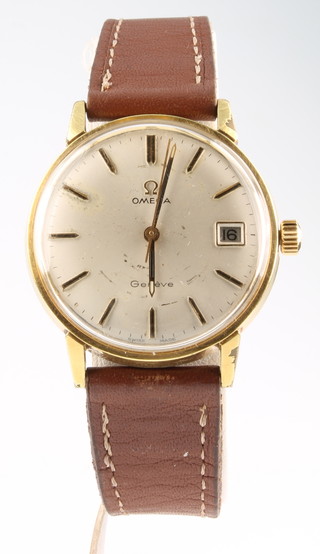 A gentleman's gilt Omega calendar wristwatch on a leather strap 