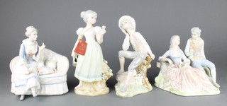 A Spanish figure of a girl 2", ditto of a seated boy 10", a lady on a sofa 9" and a fete galant group 10"