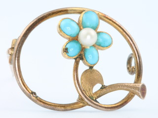 An Edwardian 9ct yellow gold turquoise and seed pearl floral brooch