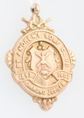 Of Golfing Interest, a 9ct yellow gold sports fob St Andrews Golf Club Diamond Jubilee 1843-1903, inscribed on the reverse won by DLG 1923, 11.6 grams 