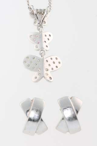 A 9ct white gold gem set butterfly pendant and chain together with a pair of 9ct white gold cross ear studs 4.4 grams 