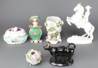 A Paris Porcelain scent bottle decorated with insects and birds amongst flowers 8", a 19th Century German porcelain jardiniere, a Continental box and cover decorated with flowers, a floral encrusted vases and an Austrian figure of a rider on horseback 10" 