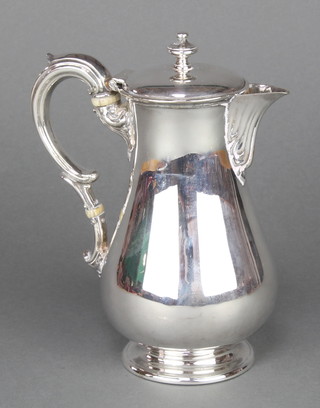 A Victorian silver plated baluster coffee pot with fancy scroll handle and ivory resistors by Elkington & Co