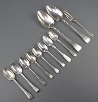 A George III silver table spoon London 1800, 1 other, 8 teaspoons and minor flatware, 284 grams 