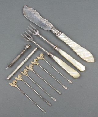 A set of 6 silver cocktail stirrers with cockerell finials Birmingham 1929, a cocktail stirrer, toothpick and 3 silver bladed items 