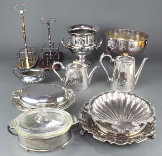 A silver plated 2 handled wine cooler, a quantity of plated items
