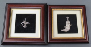 A Saudi Arabia model figure of a dagger 2 1/2", a ditto of a pot 1 1/2" both framed and mounted