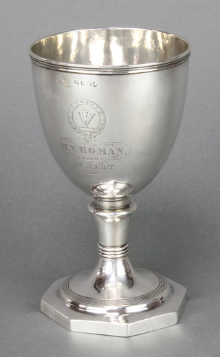 A George III silver goblet with presentation inscription London 1814, 146 grams, 6 1/2" 