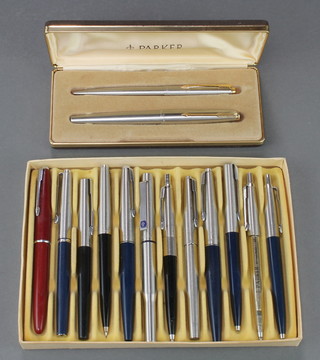 A Parker polished steel fountain pen and ballpoint pen cased, 2 Parker 45 pens, 2 other Parker pens and 8 mixed ball and marker pens