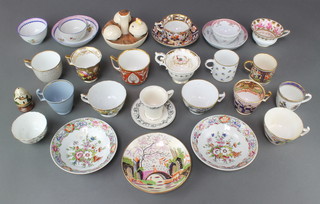 An 18th Century tea bowl and saucer decorated with roses, minor tea bowls, saucers and cups