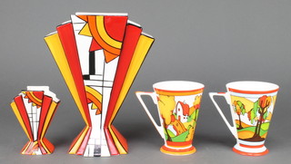 A Brian Wood Jazz pattern tapered vase 4 1/2", a ditto 9" and a  pair of Art Deco style cups 