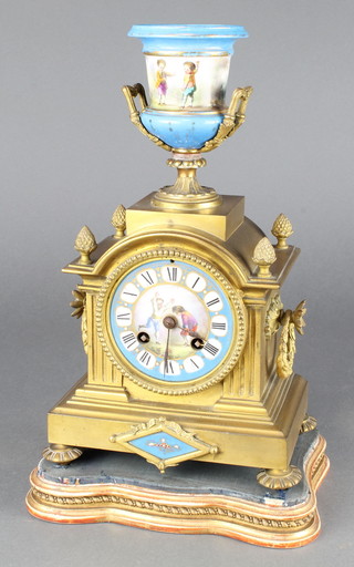 A French 19th Century 8 day striking mantel clock contained in a gilt ormolu case with porcelain dial and Roman numerals, the dial decorated children