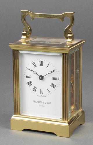 A Mappin & Webb 20th Century 8 day carriage timepiece with enamelled dial and Roman numerals contained in a gilt metal case 4 1/2"h x 3"w x 2 1/2"d