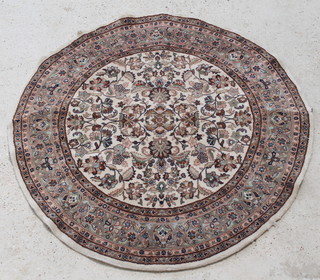 A white ground Indo-Persian circular rug with floral decoration decoration 58 1/2" diam (the edge has been bound and there is a small hole), a Turkish Milas orange and blue ground rug with medallion to the centre 91" x 48", (signs of wear), a tan and white ground Persian Nahavand rug with central medallion 81" x 43" (signs of wear and slight moth damage to this rug)