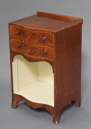 A Georgian style mahogany bedside cabinet of serpentine form with raised back, fitted 2 drawers above a recess on splayed bracket feet 28 1/2"h x 17"w x 15"d 
