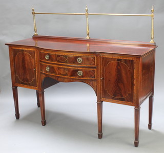 An Edwardian Georgian style inlaid mahogany bow front sideboard with brass railed back, fitted 2 short drawers flanked by a pair of cupboards, raised on square tapered supports ending in spade feet 54"h x 56"w x 24"d 