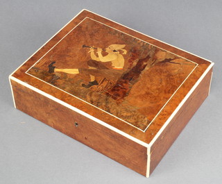 An inlaid figured walnut trinket box the lid decorated a seated musician 3"h x 9 1/2"w x 7 1/2"d 