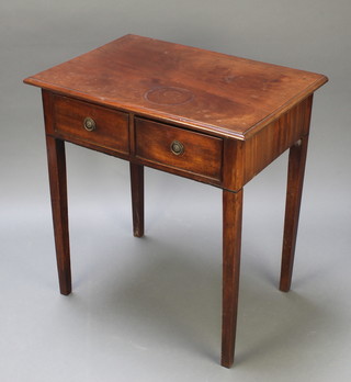 A 19th Century rectangular mahogany side table fitted 2 drawers, raised on square tapered supports 28"h x 26 1/2"w x 18 1/2" 