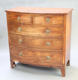 A Georgian mahogany bow front chest of 2 short and 3 long drawers with ebonised stringing, brass ring drop handles, raised on splayed bracket feet 43 1/2"h x 43 1/2" x 22 1/2"d 