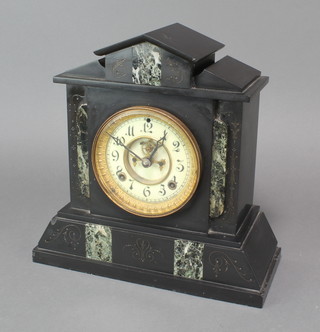 An Ansonia 8 day striking mantel clock with visible escapement, enamelled dial and contained in a 2 colour marble case 
