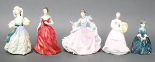 Four Royal Doulton figures - Cherie HN2341 4", Innocence HN2842 8", Grand Manner HN2723 7 1/2", Rebecca HN2805 7 1/2" and a Royal Worcester ditto Spring Fair 7" 