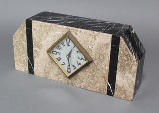 An Art Deco French 8 day timepiece with diamond shaped silver dial and Arabic dial contained in a 2 colour marble case 