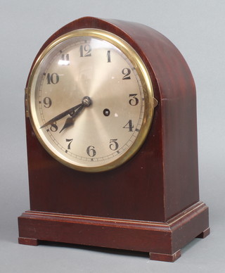 Jahresuhrenfabrik, a German  striking bracket clock with silvered dial, Arabic numerals contained in an arch shaped inlaid mahogany case 