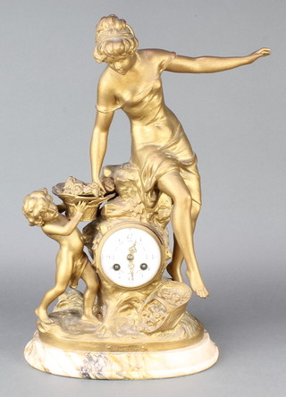 A French 19th Century 8 day striking mantel clock with enamelled dial and Arabic numerals contained in a gilt painted spelter case decorated a standing lady with child and attendants, base marked Premiers Fleurs