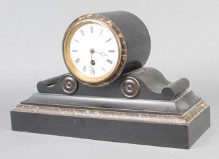 A Victorian French timepiece with enamelled dial and Roman numerals contained in a wooden faux marble case 