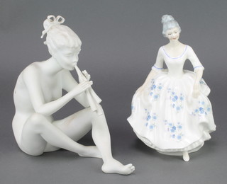 A Kaiser bisque figure of a female seated pipe player 8" together with a Royal Doulton figure Caroline HN3170 8"  