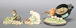 Three Border Fine Arts figures - Robin and Chicks Studio A7390 8", Otter Cub 4" and Seal Cub 4" 