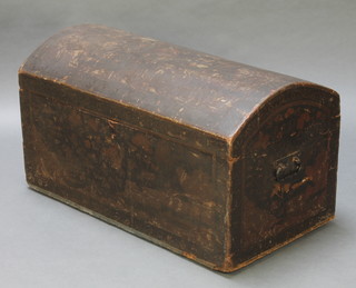A 19th Century domed trunk with chinoiserie style painted decoration and iron drop handles 19"h x 34"w x 18 1/2"d 