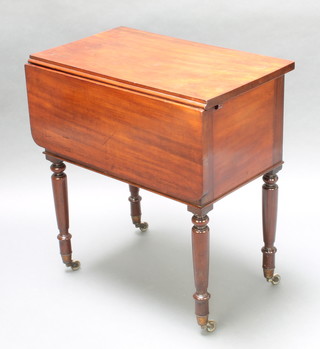 A Victorian rectangular mahogany commode in the form of a drop flap table with patented lock, raised on turned supports 28"h x 26"w x 15 1/2"d 