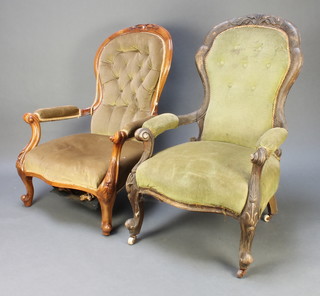 A Victorian carved mahogany show frame armchair upholstered in buttoned material raised on cabriole supports together with a similar weathered mahogany armchair upholstered in green buttoned material 