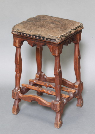 A square Victorian carved oak stool raised on shaped supports with double H framed stretcher 22" x 12" x 12" 