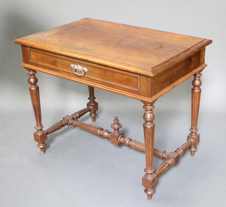 A French rectangular elm side table fitted a drawer and raised on turned and fluted supports with H framed stretcher 29"h x 35"w x 23"d 