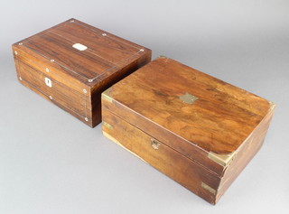 A Victorian rosewood vanity box with fitted interior and mother of pearl inlay 5" x 12" x 9" (the mirror to the interior is missing), a Victorian walnut writing slope with brass banding 5" x 12" x 9" (brass escutcheon is missing, veneers are lifting in places and requires attention) 