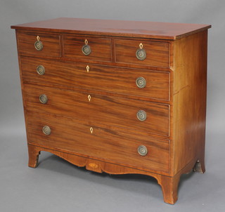 A Georgian mahogany chest of 3 short and 3 long drawers on splayed bracket feet with ivory diamond shaped escutcheons and brass drop handles 40"h 48"w x 21"d 