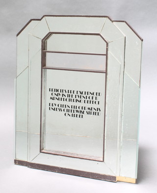 In the manner of Steven Thomas for Biba, an Art Deco style faceted glass mirror the central panel marked "Articles are exchanged only in the event of a manufacturing defect.  Dry clean all garments unless otherwise stated on label." 29" x 24" 