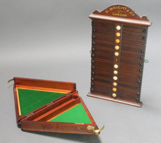 A George Wright & Co. London Edwardian mahogany arch shaped billiard score board 26"h x 14 1/2"w together with a Burroughes & Watts Ltd triangular shaped mahogany billiard ball box (empty) 4" x 19" x 16 1/2" 