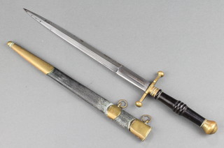 Herazcek & Son, a Danish poignard with 8 1/2" double edged blade, the cross bar marked Herazcek & Son complete with leather and gilt mounted scabbard 