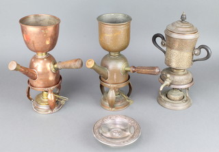 A circular silver plated tazza by Elkington 1" x 5 1/2" diam., a planished silver plated twin handled coffee percolator and 2 copper and brass white handled dittos, the bottom marked Prichards Ltd. London 
